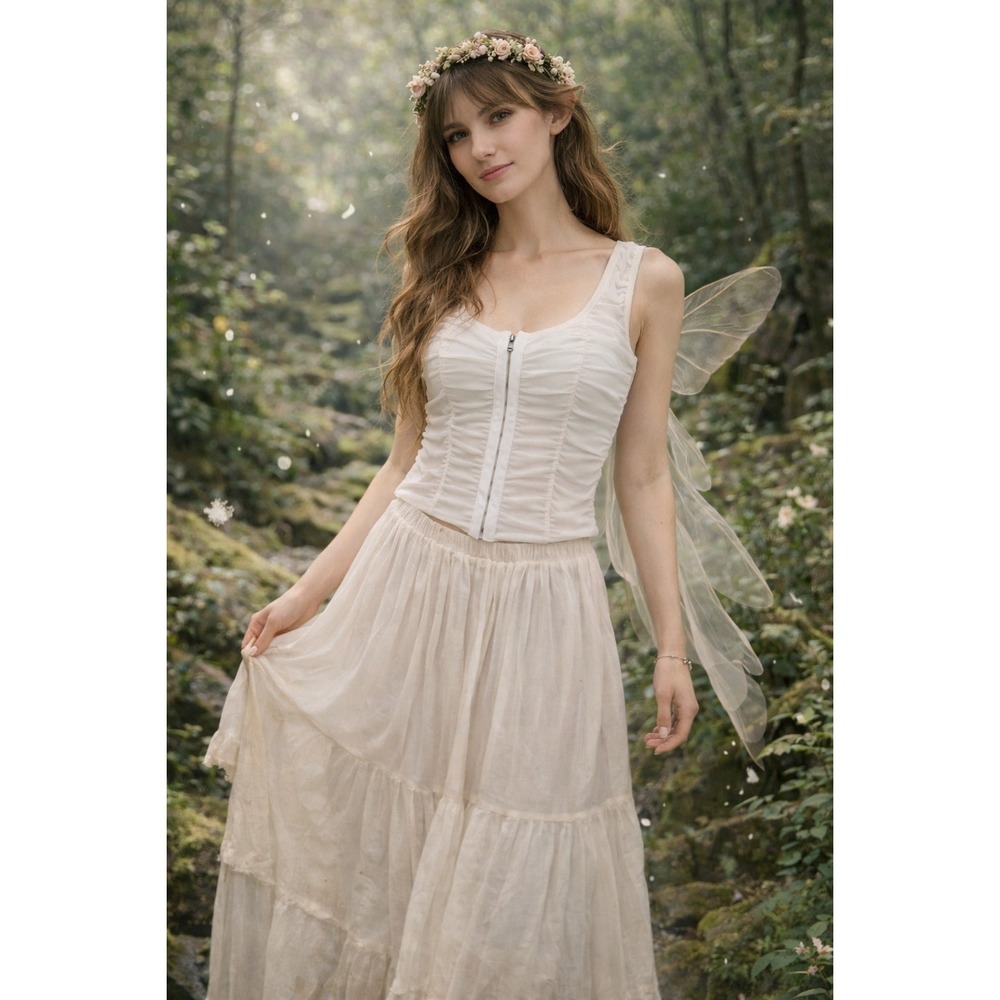 White Sheer‎ Mesh Ruched Corset Top Fairy Whimsigoth Coquette Y2K Small